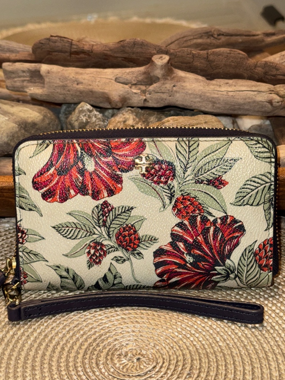 Tory Burch Cream Floral Zip Wristlet with Red Accents